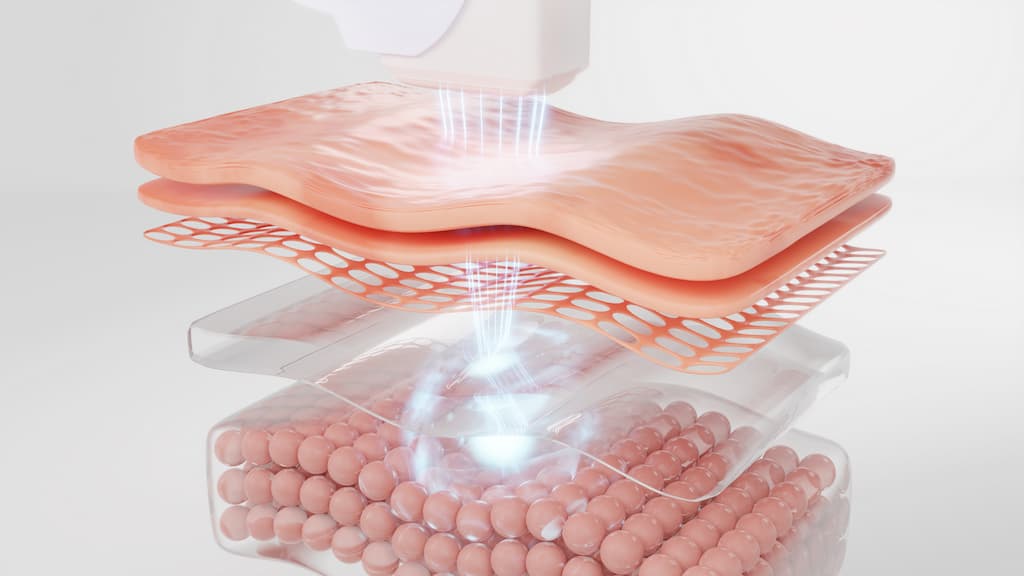 Ablative vs. Non-Ablative Laser Resurfacing – 3D skin layers under laser treatment showing epidermal removal and dermal collagen stimulation for rejuvenation